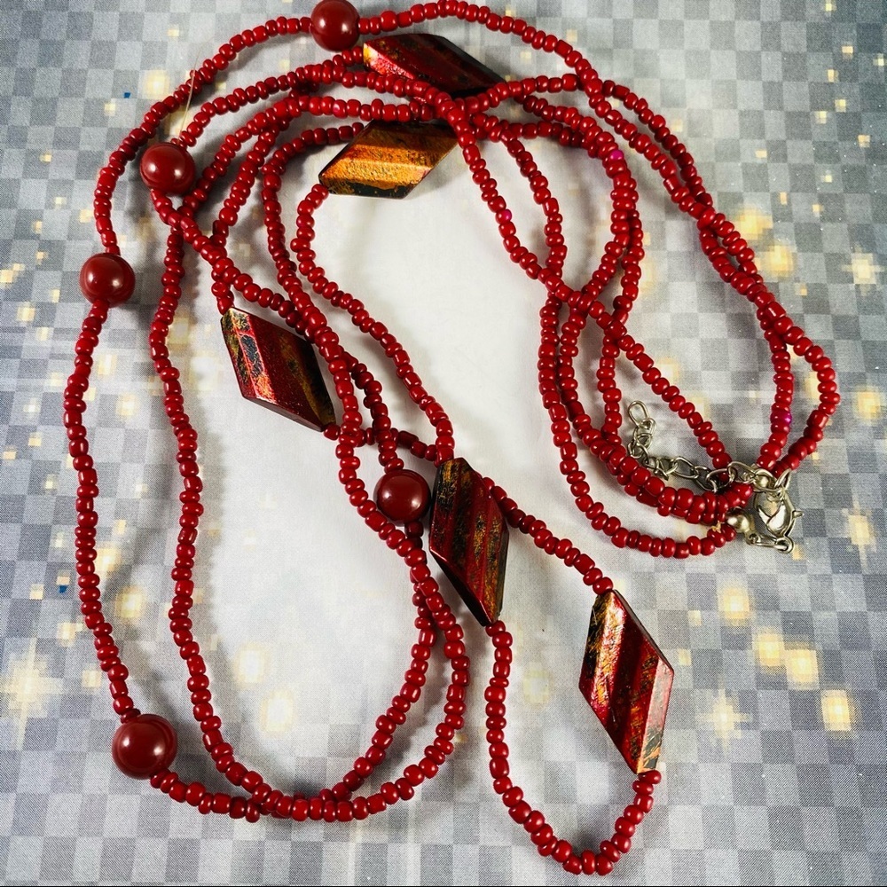 Super long vintage red seed bead necklace